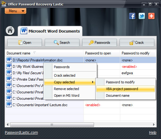 Context menu in the passwords list